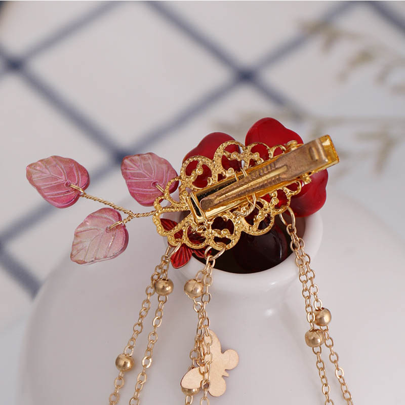 Chinese Style Hair Clip For Women Exquisite Red Flower Hairpins Crystal Headwear Long Butterfly Tassels Jewelry Hair Accessories