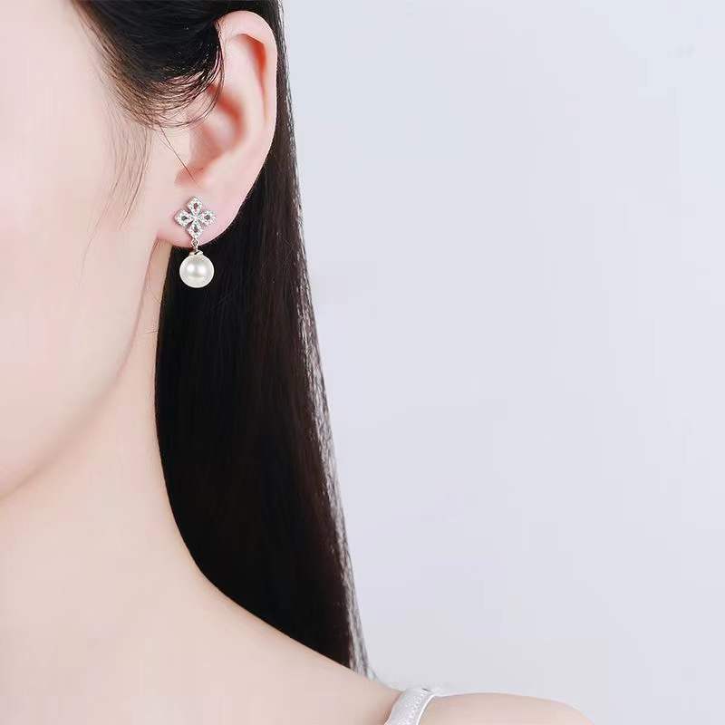 Trendy 925 Sterling Silver 9mm Freshwater Pearl Moissanite Drop Earrings for Women Platinum Plated Dangle Earrings Gift Jewelry