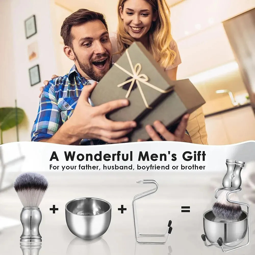3in1 Vegan Style Synthetic Badger Hair Shaving Brush Stainless Steel Shaving Soap Bowl and Brush Holder Stand Set for Men 240624