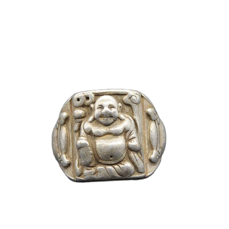 1.2" Chinese Tibetan Silver Carved Maitreya Buddha Jewelry Ring