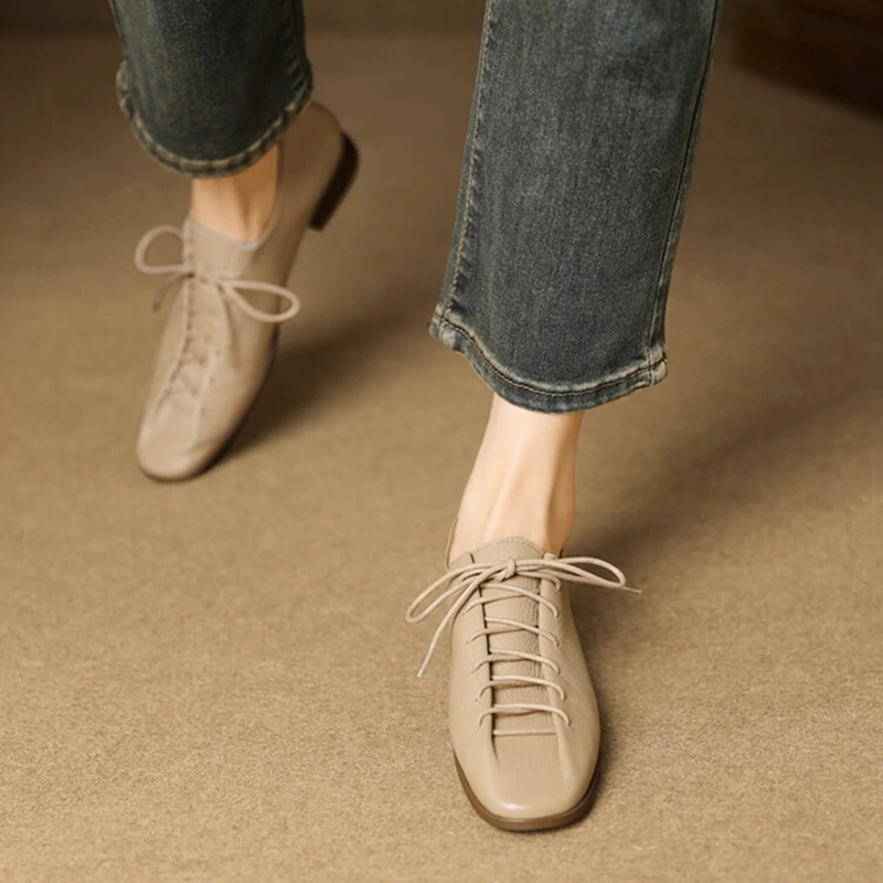 NEW Spring/Autumn Loafers Genuine Leather For Square Toe Chunky Women Pumps Lace-Up Low Heel Shoes