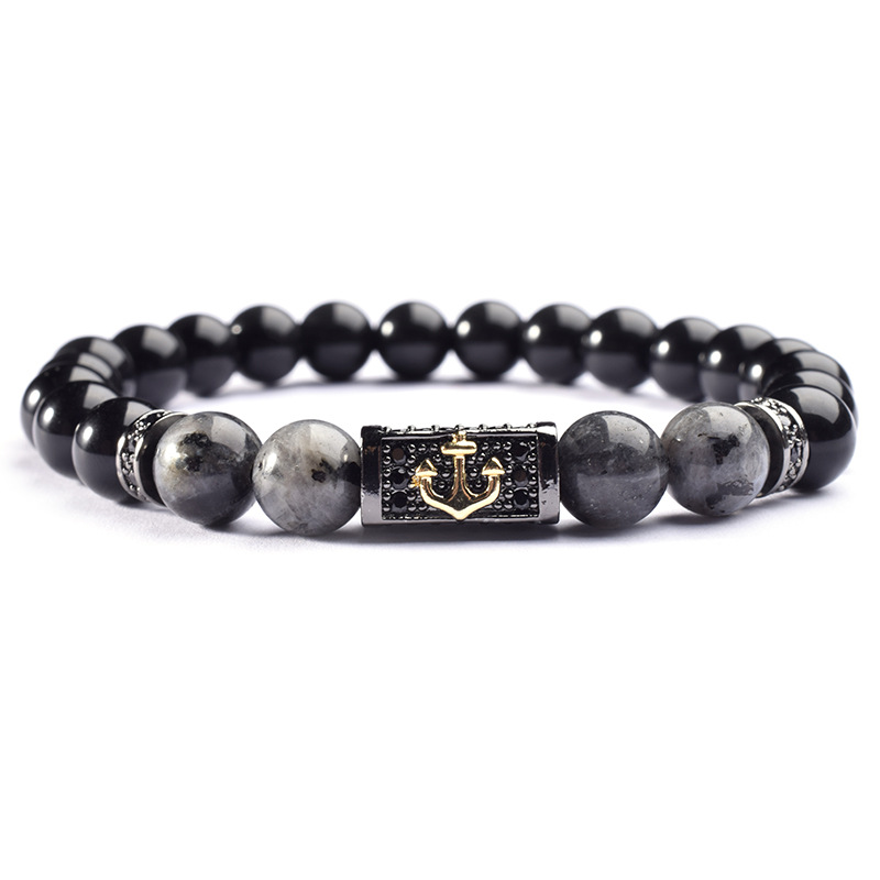 Luxury Men Bead Bracelet Pave Cubic Zirconia Stone 8mm Tiger Eye Beads Charm Anchor Bracelet For Men Jewelry Pulsera Hombre Gift