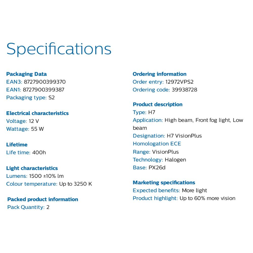 Philips H7 VisionPlus 12V 55W PX26d Halogen Car Headlight VP +60% Bright Auto Lamps Original Light New Bulbs 12972VPS2, 2X