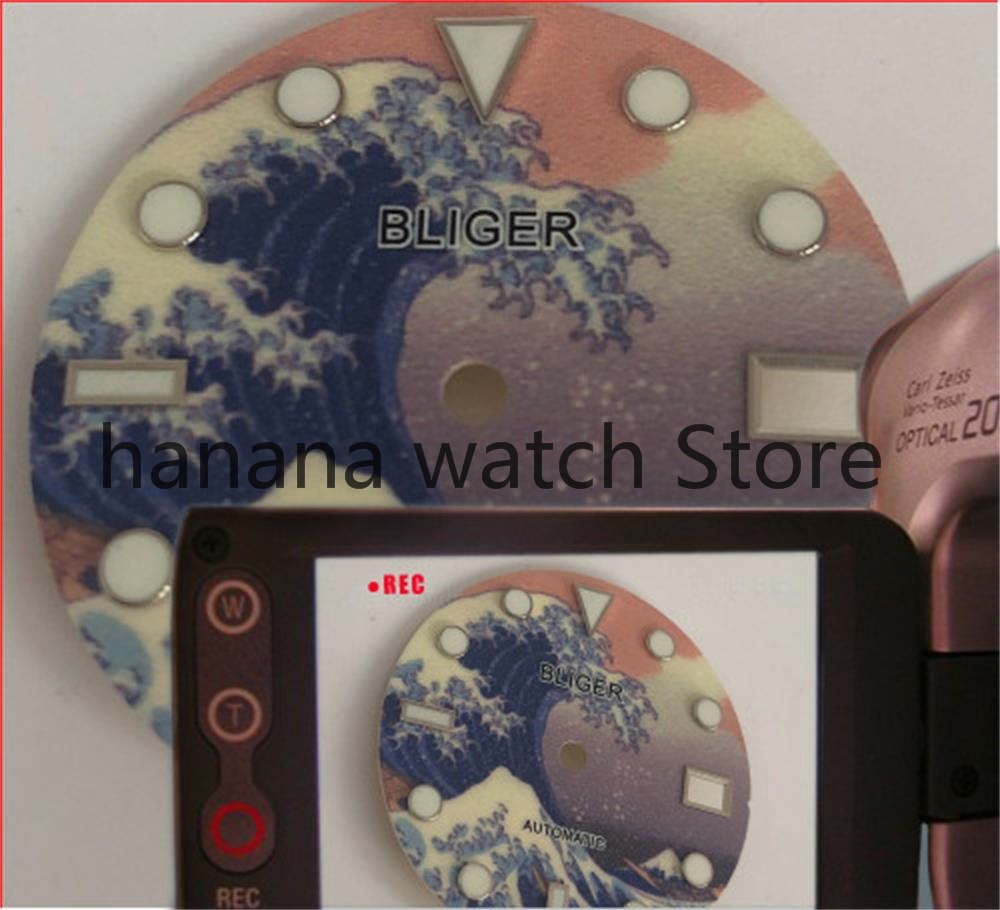 Bliger Special Design Green Super Luminous Nologo 28.5MM Automatic Wave Watch Dial fit NH35A Movement Green Luminous