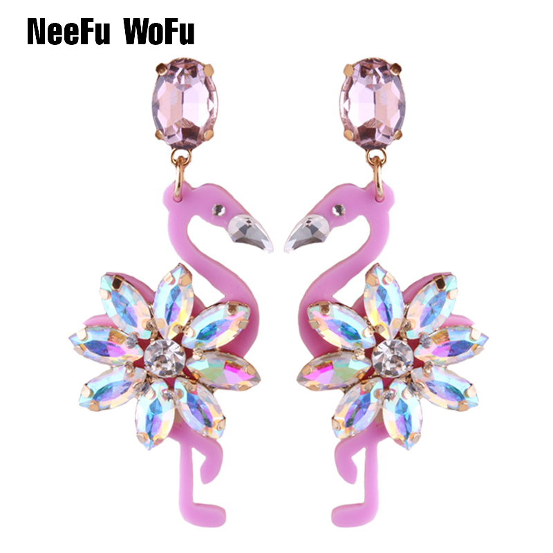 NeeFu WoFu 2023 Crystal Long Earrings Big Flamingo Large Earrings For Women Resin Brincos Brand earrings Ear Fine Jewelry Gift