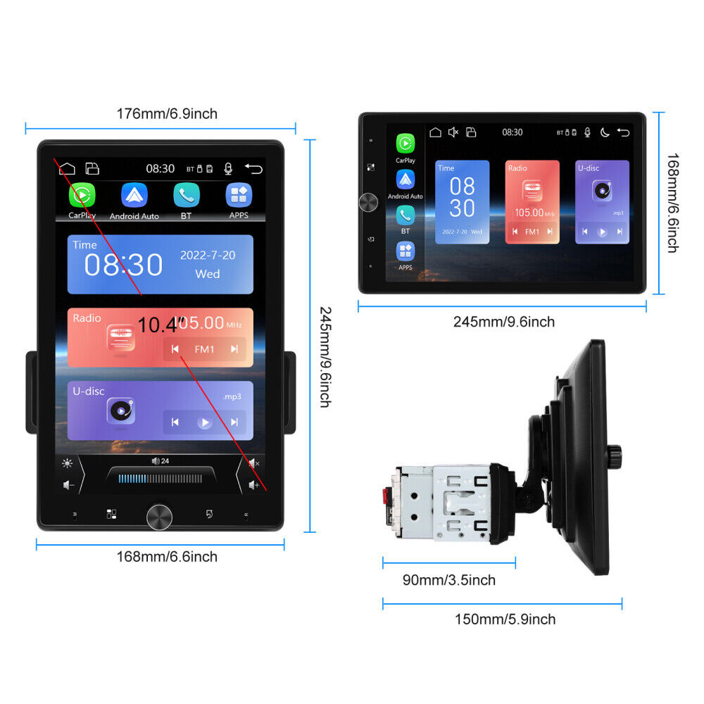 1 Din 10.4 inch Car Radio Multimedia Player Wired Carplay Android Auto Audio Stereo Bluetooth FM Anticlockwise Rotate 90° WINCE