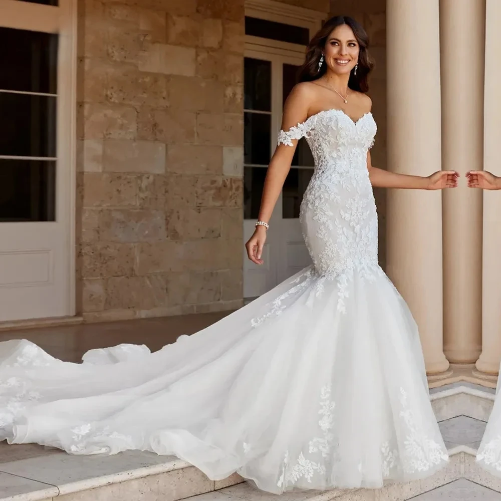 Boho Off The Shoulder Mermaid Wedding Dresses Puff Long Train Lace Appliques Back Corset Plus Size Bridal Gowns 2024 Elegant Bride women Vestido De No