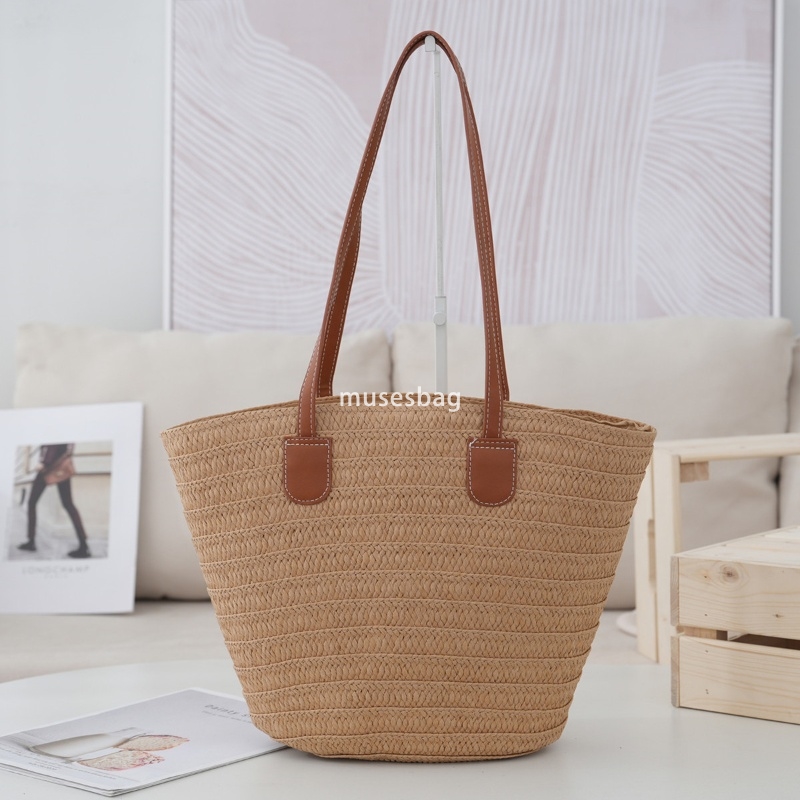 Fashionable women's high-end leisure handbag straw woven bag beach bag handcrafted practical large capacity cotton thread vegetable basket travel