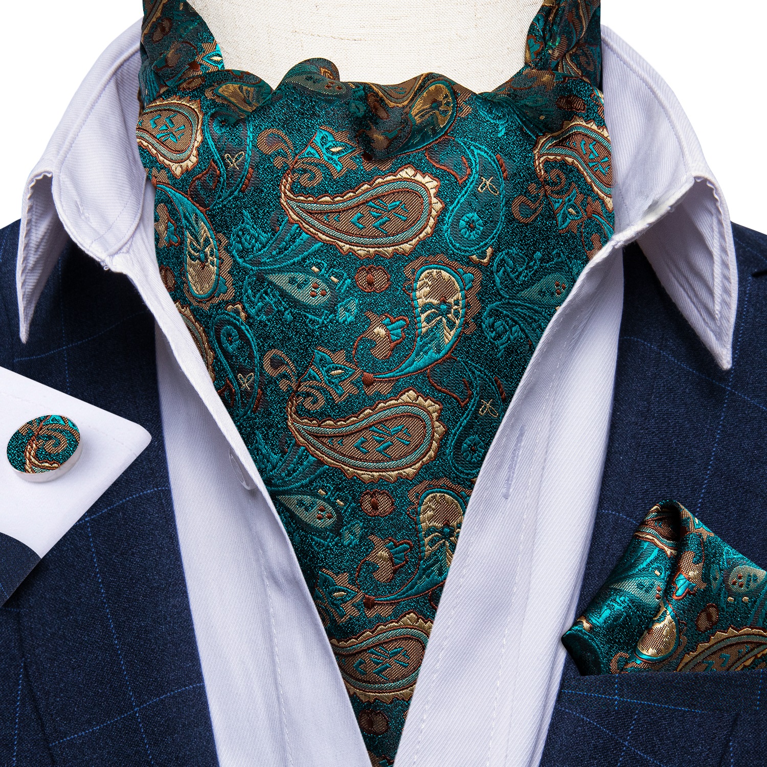 Luxury Men's Ascot Teal Green Paislet Floral Silk Necktie Cravat Pocket Square Cufflinks Set Wedding Party Vintage Ascot DiBanGu