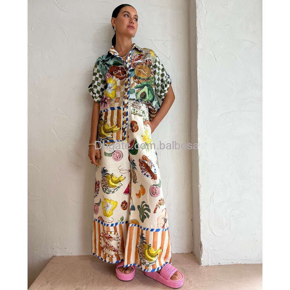 Fashion Women Linen Shirt Dress Flower Printed Shirt Skirt Casual Slim Fit Long Cotton Linen Clothes