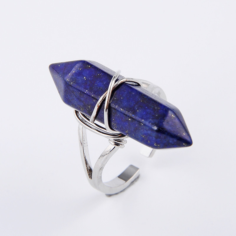 Reiki Natural Stone Finger Ring Prism Point Chakra Silver Plated Wire Wrapped Lapis Lazuli Black Obsidian Party Ring Jewelry
