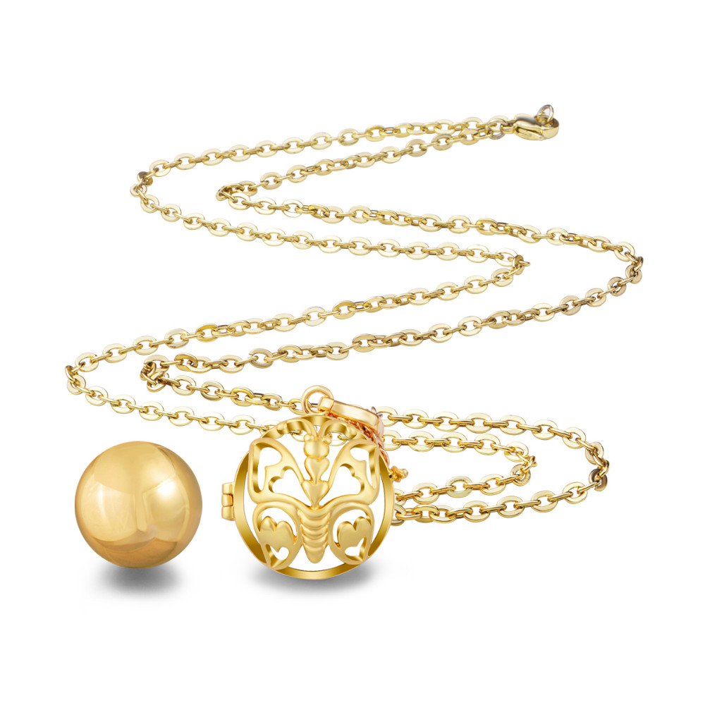 Eudora Angel Caller Bola Butterfly Pendant Gold Color Cage Locket with Mix Color Harmony Ball Ringing Chime Pendant For Women