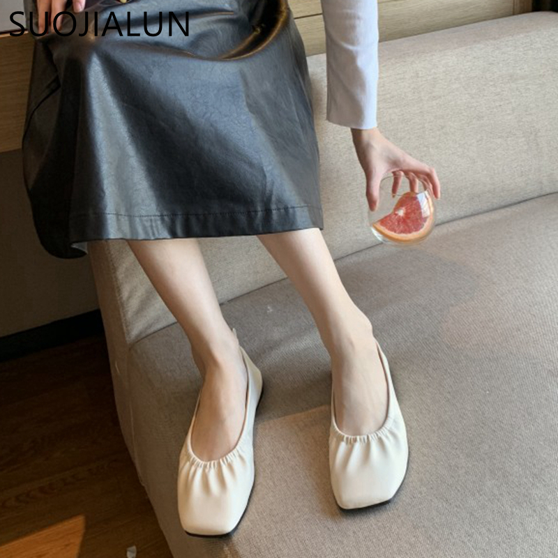 SUOJIALUN Autumn Women Flats Shoes Ballet Flat Slip On Casual Loafers High Quality Soft Women Square Toe Ballerina