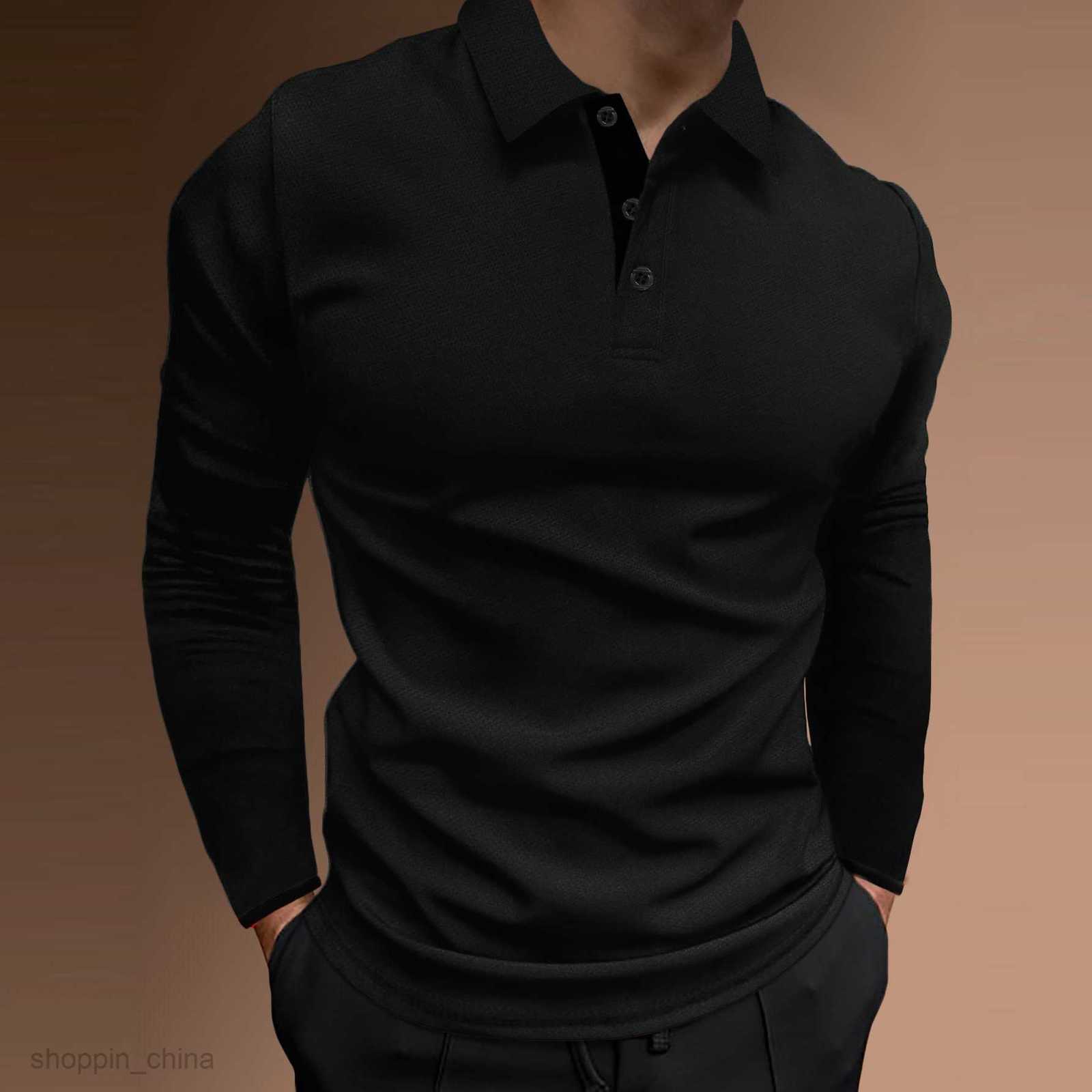 Men Polos Shirts Male autumn sports fitness leisure stand up collar elastic vertical strip long sleeved POLO tops