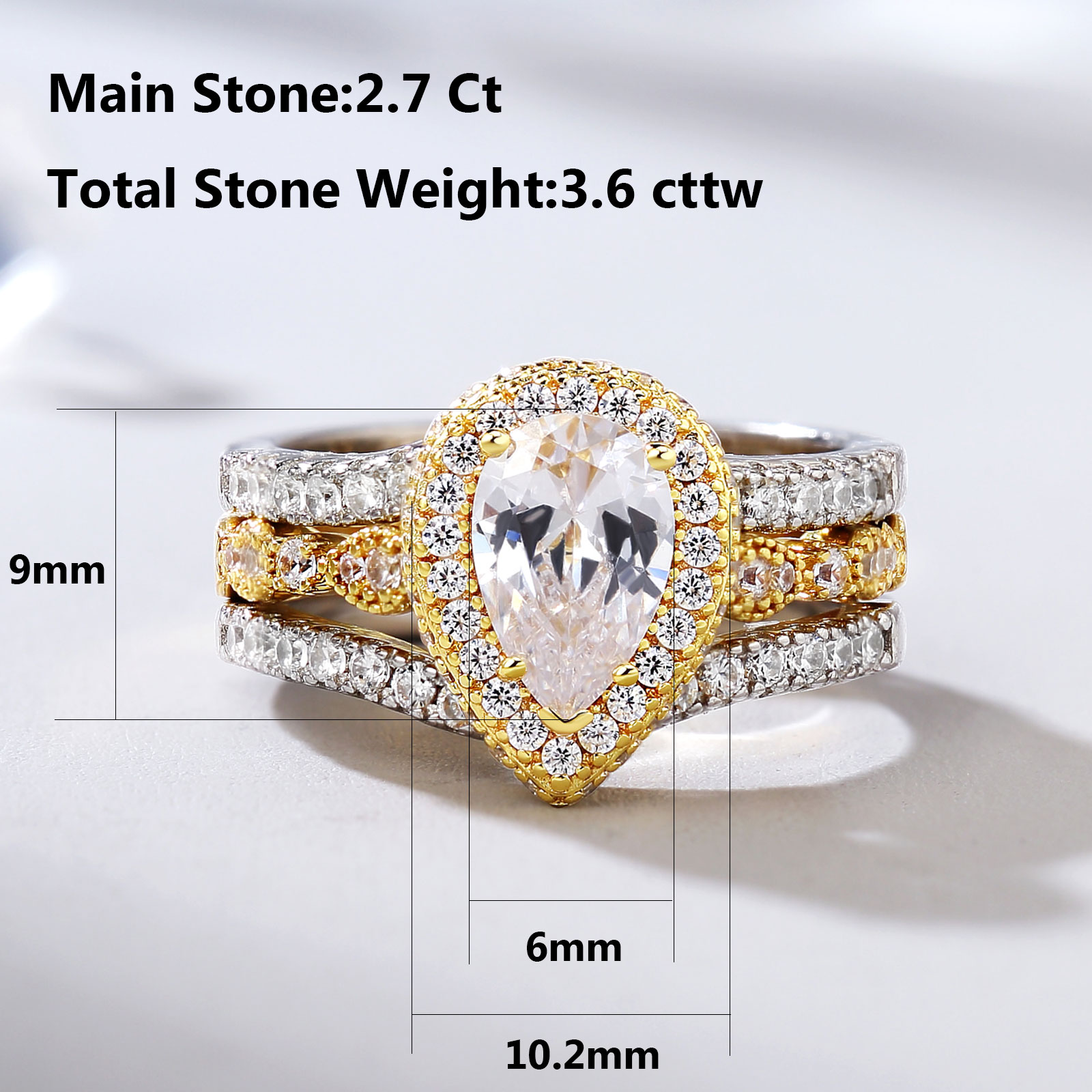 Newshe Yellow & Rose Gold 925 Sterling Silver Pear Shaped Engagement Ring Enhancer Wedding Band Simulated Diamond AAAAA CZ