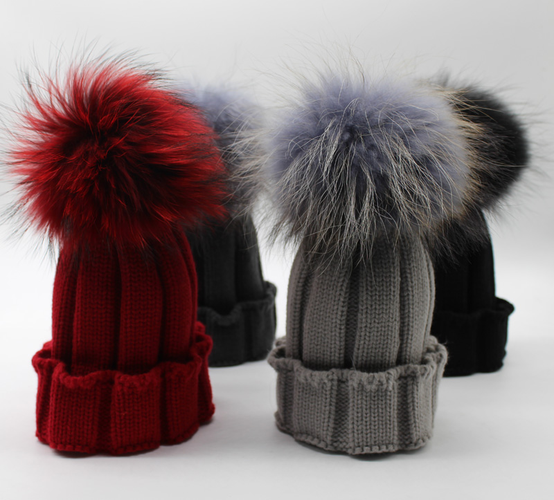 Baby Skullies Beanies Winter Hat For Kids Girls Boys Colors Real Fur Pompom Hat Knitted Beanie Cap