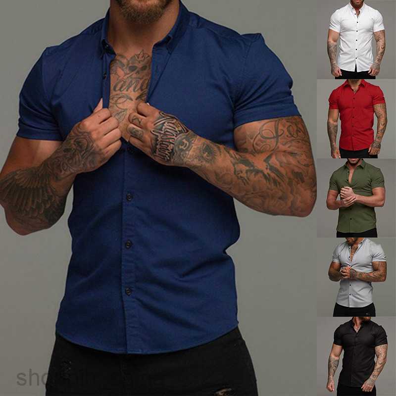 Men's Casual Shirts Muscle men fitness short sleeve Lapel shirt elastic thin pure color sports leisure cardigan business iron shirt fashion tops