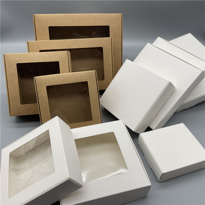 15Pcs Kraft Paper Box Clear PVC Windows Handmade Soap Box White Craft Paper Gift Box Black Packaging Jewelry Boxes