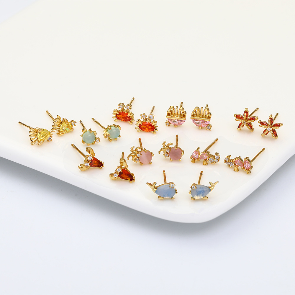 Luxury Cubic Zirconia Ocean Series Stud Earring Cute Small Animal Crab Starfish Tortoise Dolphin Earrings for Women Girls Gifts