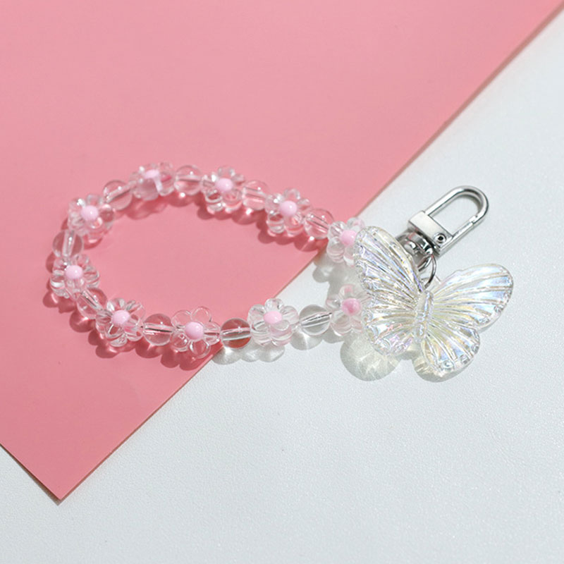 Butterfly Flower Keychain Trendy Transparent Bead Lanyards Keyring Mobile Phone Chains for Women Car Keys Bag Decor Pendant