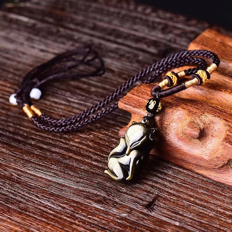 Golden Obsidian Fox Pendant Necklace Jewelery Natural Stone Lovely Peach Fox Pendant Men Women Transfer Lucky Crystal Jewelry