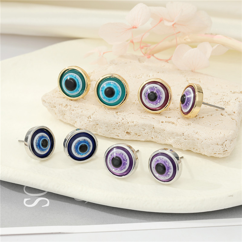 Colored Shiny Evil Eye Stud Earrings For Women's Gift New Simple Round Turkish Blue Eye Pierced Earring Perty Wedding Jewelry