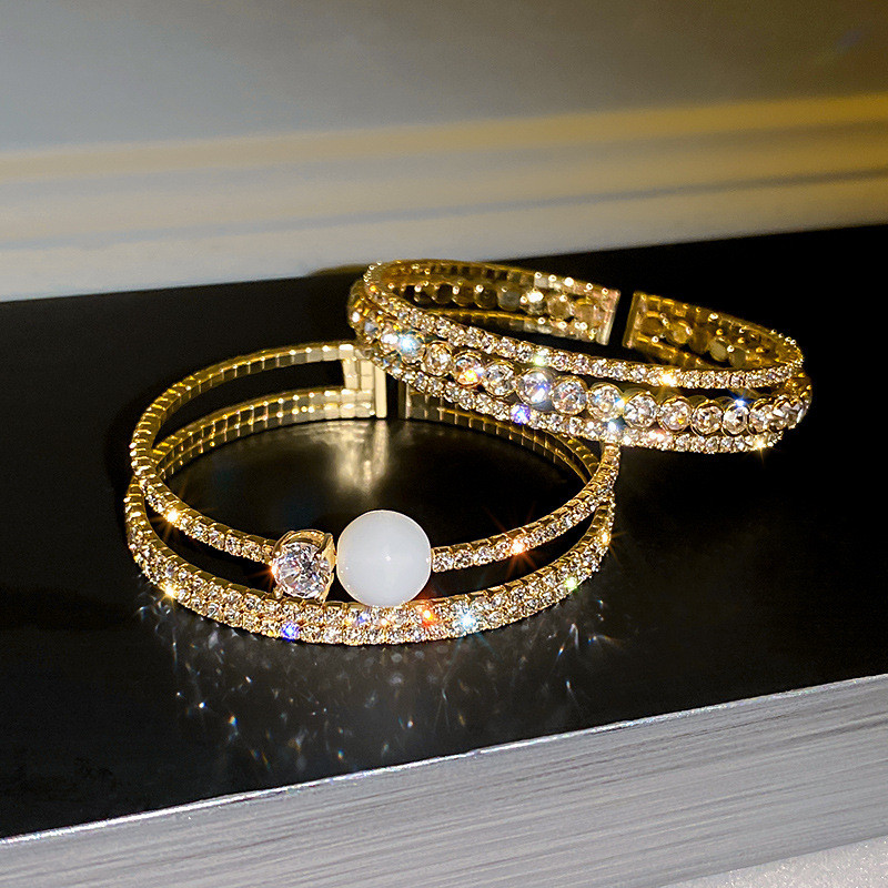 FYUAN Shine Golden Geometric Multilayer Rhinestones Bracelet & Bangles For Women Pearl Cuff Bracelets Weddings Jewelry