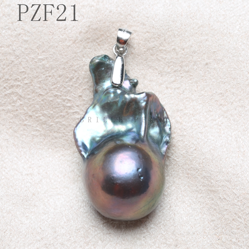 Hand made 925 silver sterling natural pearl pendant big size stone flower deep colorful necklace Slide Vintage PZF