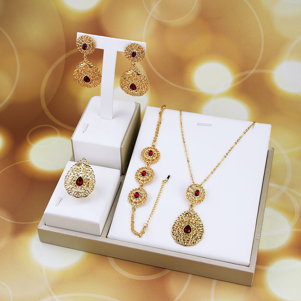 Sunspicems Elegant Morocco Algerian Earring Necklace Ring Bracelet Gold Color Arabic Women Wedding Jewelry Set Africa Bride Gift