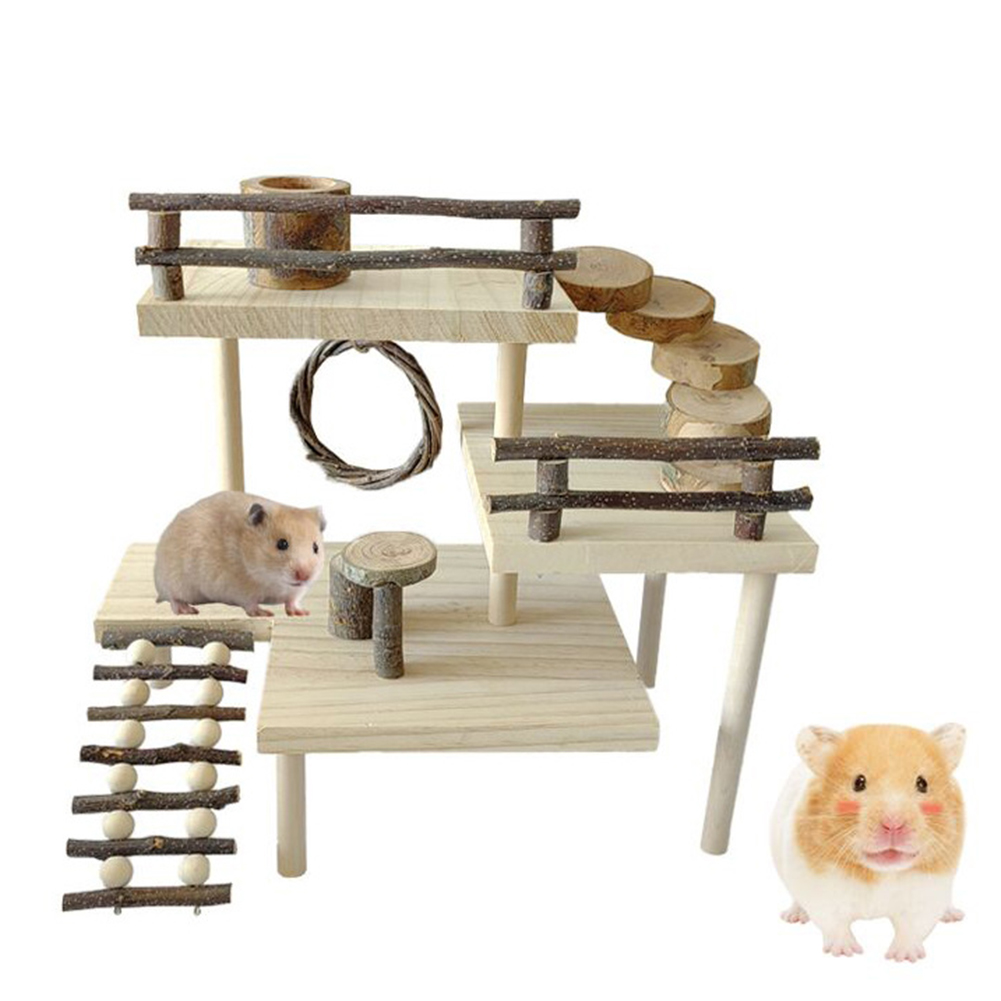 3-Tier Hamster Play Wooden Platform With Rotatable Angle Ladder Bridge Fence Handmade Small Animals Playground Climbing Toy