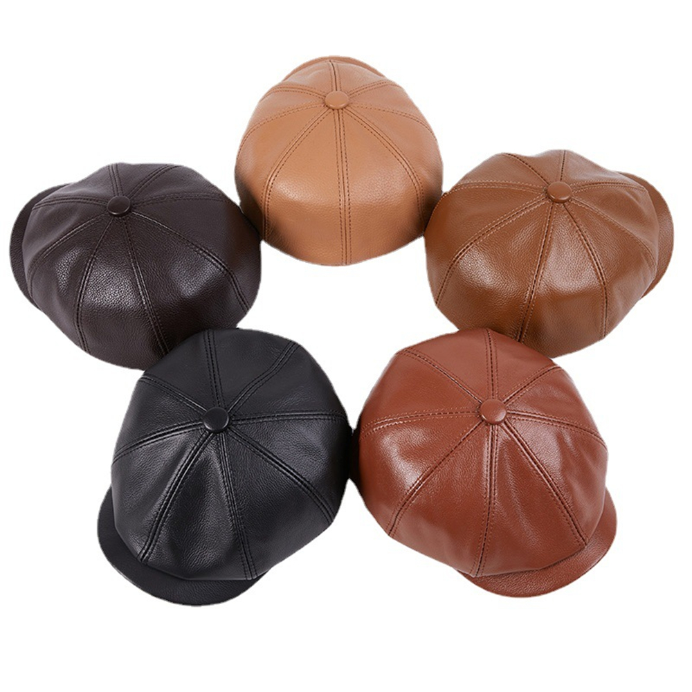 Genuine Leather Newsboy Cap Men High Quality Octagonal Hat Autumn Winter Beret Real Cowskin Flat Cap