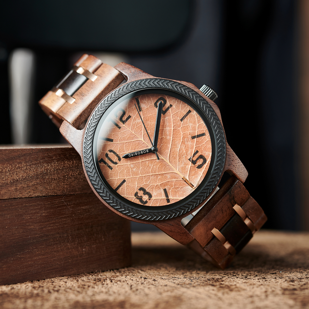 Mens Watches Unique Leaf Dial Design Quartz Wooden Wrist Watch for Men Support