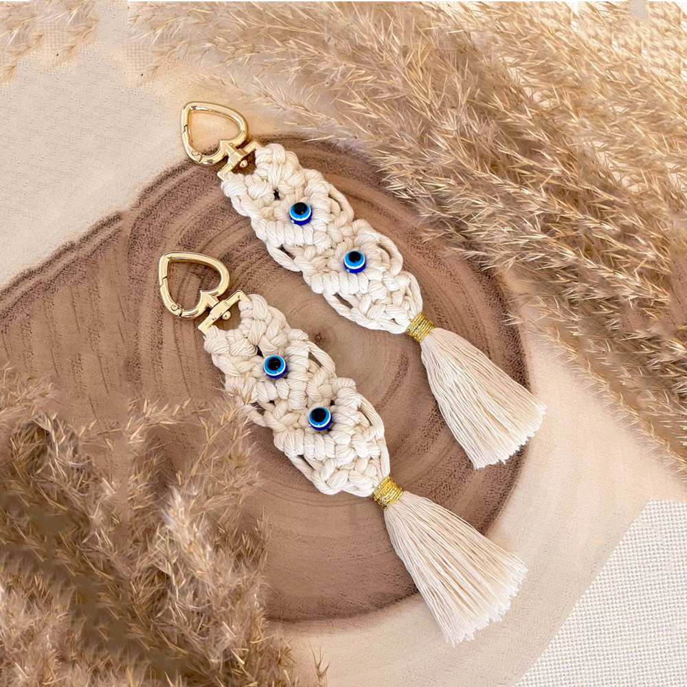 Macrame Tassel Blue Turkish Evil Eye Key Chain Lucky Eye Keychain for Women Men Jewelry Pendant Bag Accessories Handmade Gift