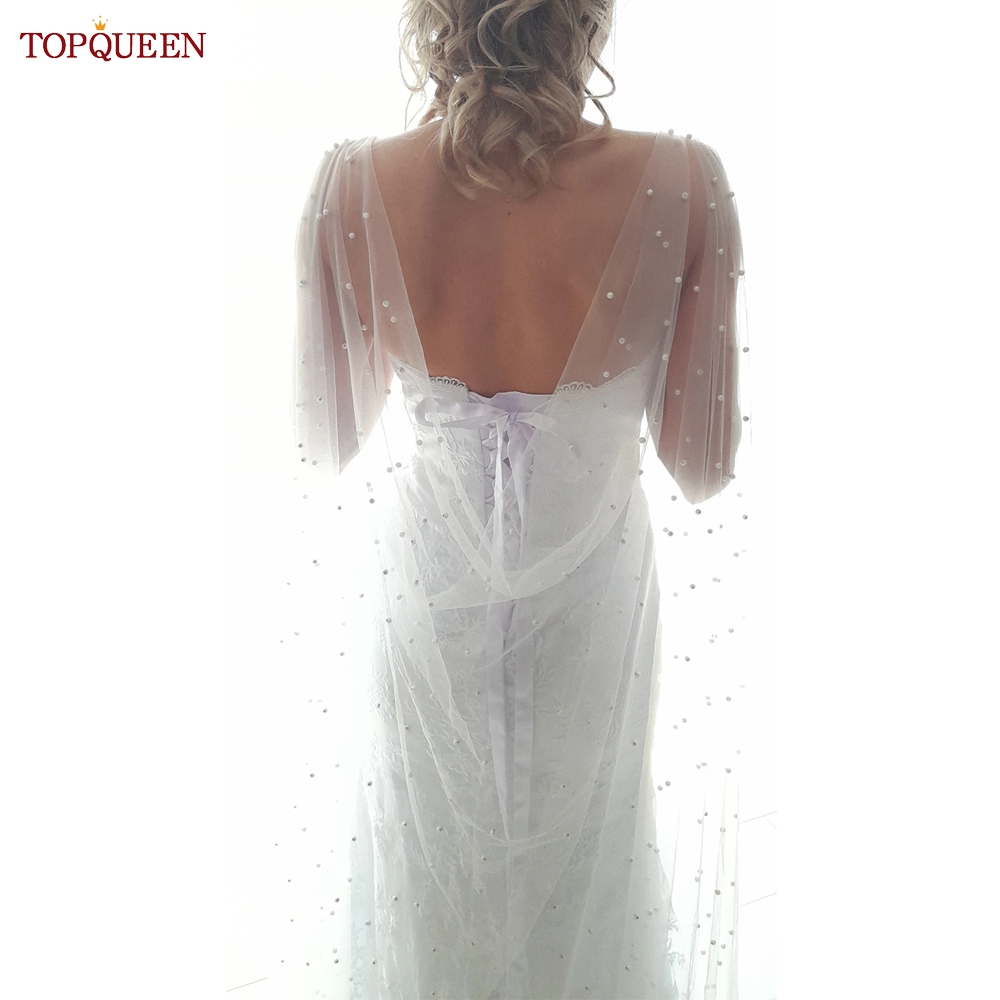 TOPQUEEN G41 DIY Black Bridal Cape Veil Elegant Bachelor Party Cape Bridal Accessories For Wedding Sleeves White Cape for Women