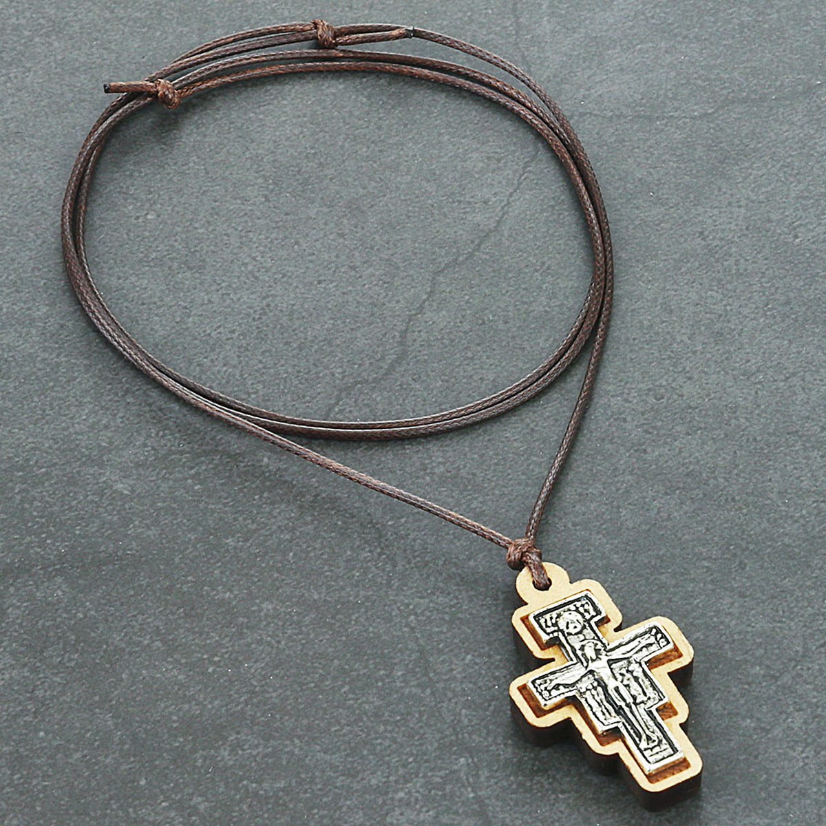 Wood Inlay Metal Saint St Francis of Assisi Crucifix Necklace Blessed San Damiano Tau Cross Pendant Necklace Orthodox Jewelry