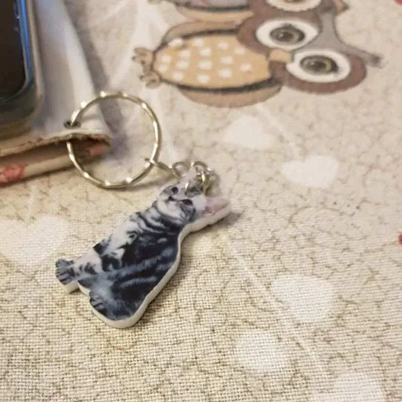English Blue Cat Acrylic Keyring Clean Animal Cats Phone Charm 2D Keychain Men Key Chain Ring with Wing Gift for Women Girl Toy