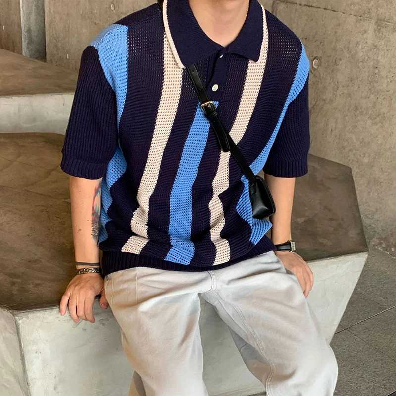 Men's Sweaters Y2K Mens Knit Polo Shirt Summer Short Slve Lapel Button Oversize Sweater Tops Fashion Striped Knitted Men Strtwear Jumpers Y240622