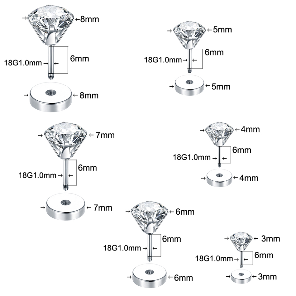 1PC Steel Earring Stud Ear Piercings 3-8mm Crystal Gem Ear Studs Earring 18G 6mm Cartilage Tragus Piercing Sexy Womem Jewelry