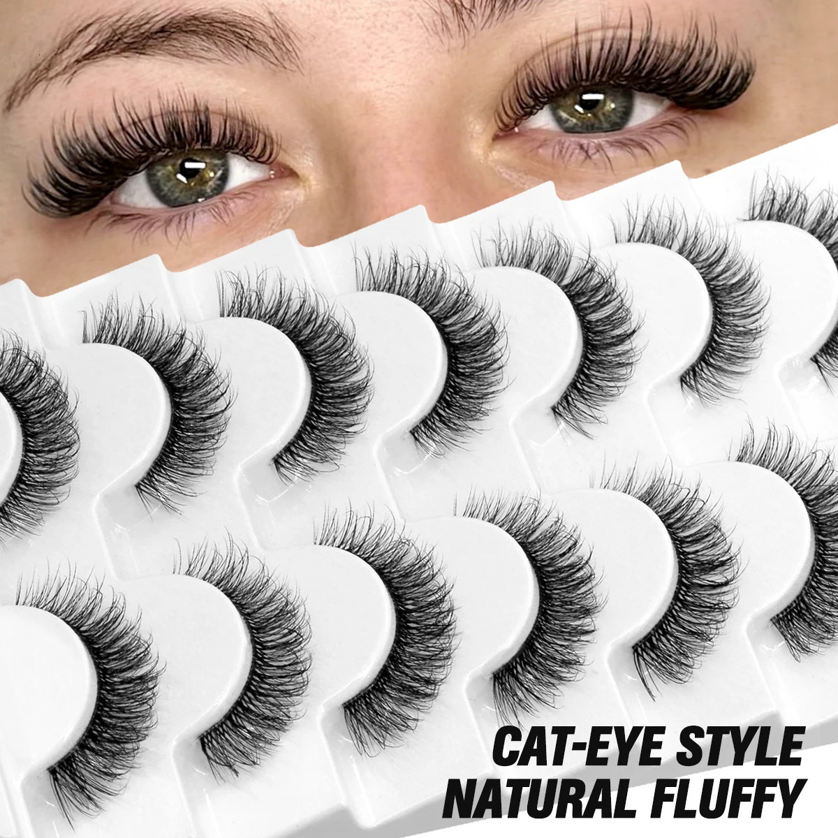 GROINNEYA Fluffy False Eyelashes 5/7 Pairs Natural Cat Eye Lashes Transparent stem Faux mink Lashes Thick Soft Curly Lashes 240624