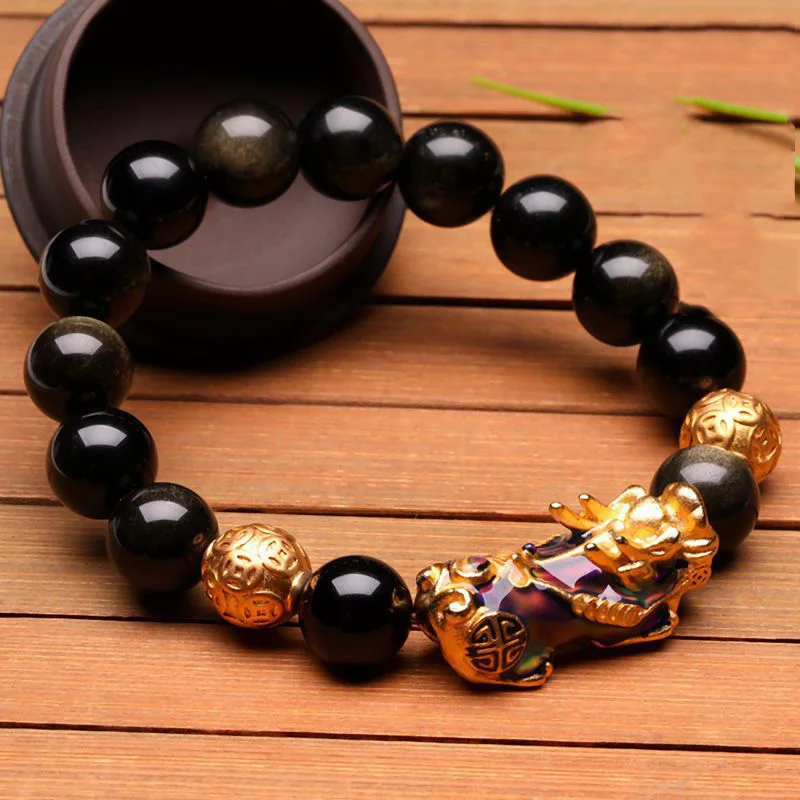 Natural Yellow Tiger Eye Black Onyx Beads Bracelet With Temperature Change Color Lucky Pixiu Brave Troops Fengshui Jewelry