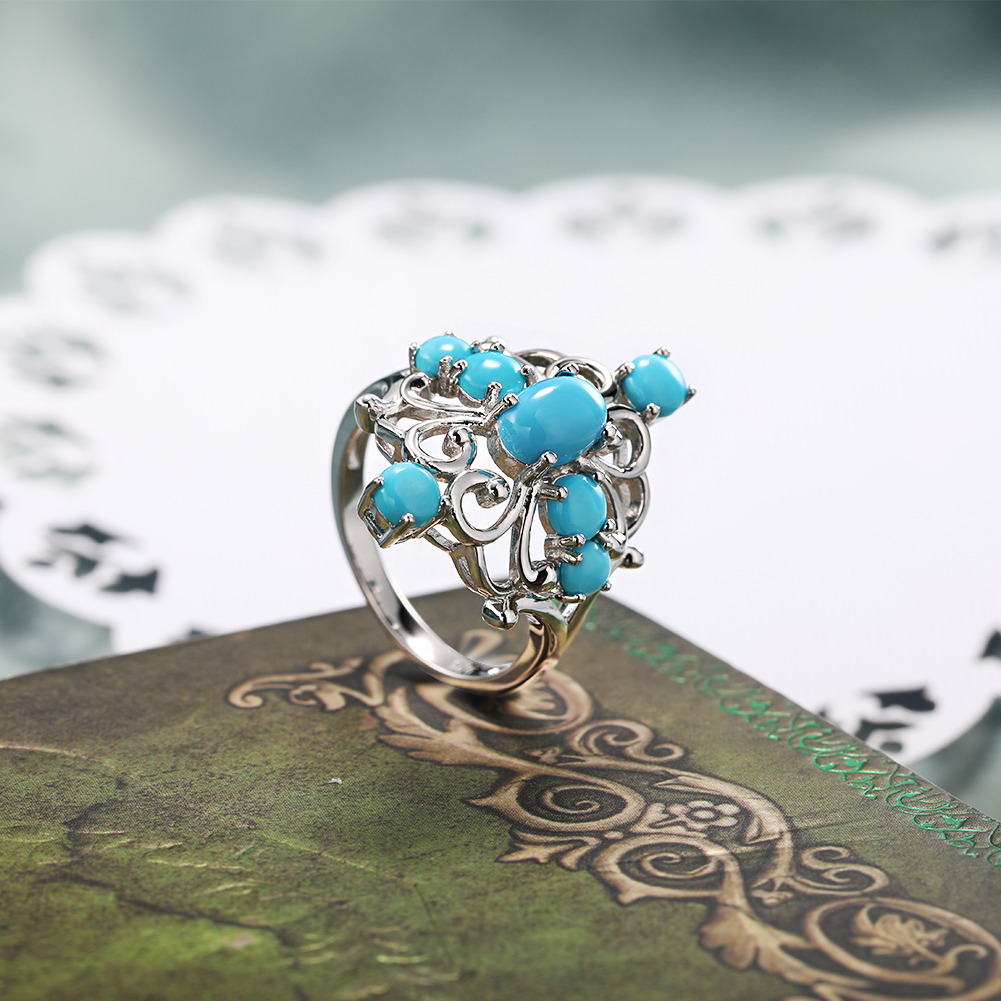 GZ ZONGFA Original 925 Sterling Silver Rings for women Seven Natural Turquoise Ring 1.5 Carats Rhodium Plated Fine Jewelry