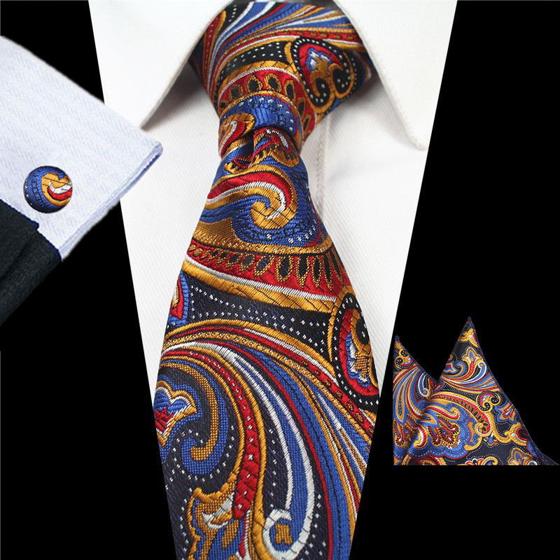 Ricnais Plaid Paisley Tie Set Silk Jacquard Mens Necktie Gravata Hanky Cufflinks Set Pocket Handkerchief Mens Tie for Wedding