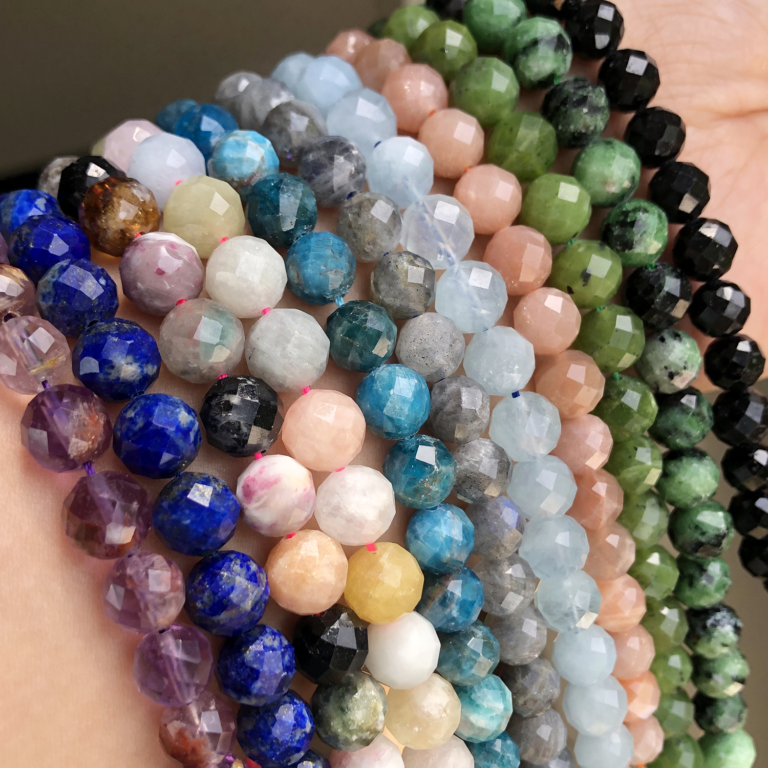 AAA Natural Apatite Aquamarines Sunstone Tourmaline Gems Beads Faceted Stone Beads for Jewelry Making Bulk DIY Bracelets 7.5inch