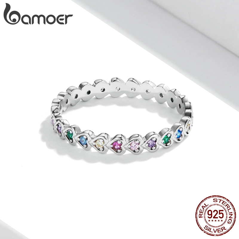 BAMOER Silver Rainbow Love Ring Crystal Heart 925 Sterling Silver Jewelry Enamel Colorful Stars Ring for Women Wedding Jewelry