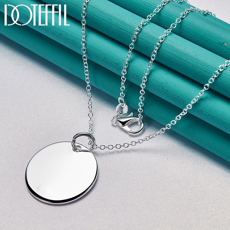 DOTEFFIL 925 Sterling Silver Round Card Tag Pendant Necklace 18-30 Inch Chain For Women Brand Jewelry Wedding Engagement Gift