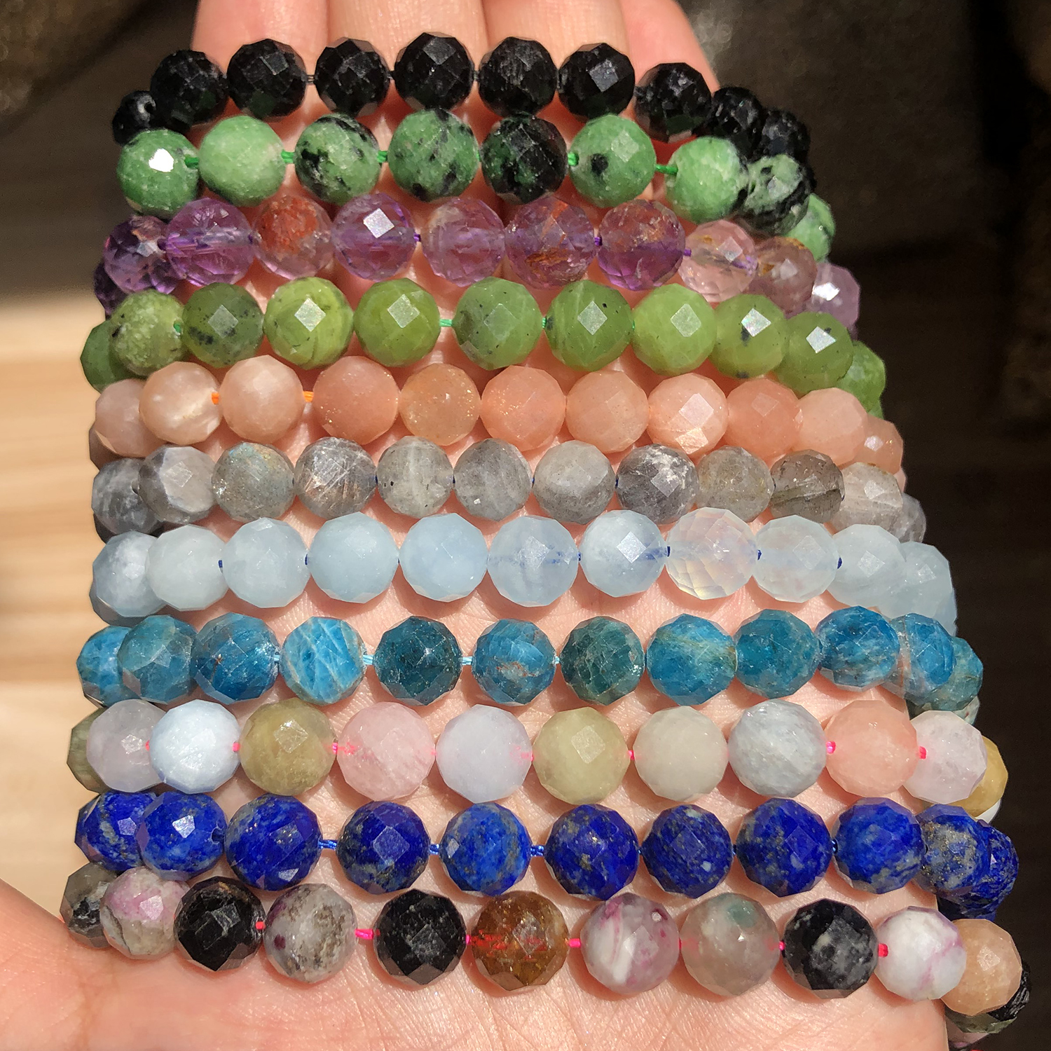 AAA Natural Apatite Aquamarines Sunstone Tourmaline Gems Beads Faceted Stone Beads for Jewelry Making Bulk DIY Bracelets 7.5inch