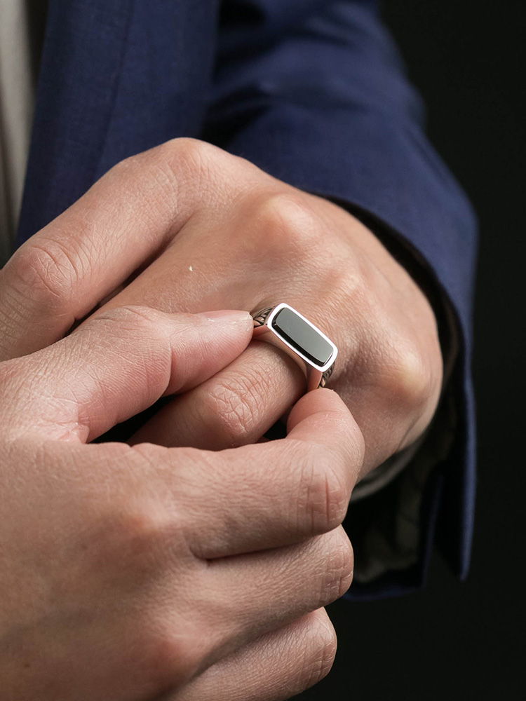 Ruibeila atmospheric vintage wheat ear black agate ring men S925 silver square oval ring jewelry