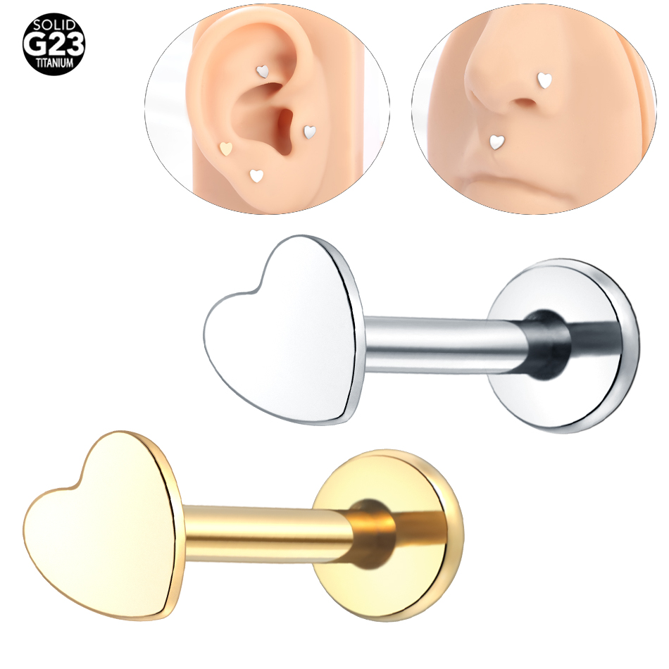 1PC Titanium Heart Labret Piercing Lip Ring Gold Color Tragus Pircing Ear Cartilage Helix Stud Nose Piercings Women Men Jewelry