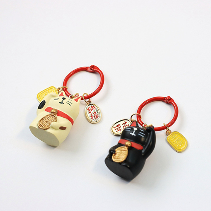 2023 Cute Chubby Resin Maneki Neko Rich Lucky Cat Keychain Fortune Tassel Key Ring Car For Women Bag Pendent Charms