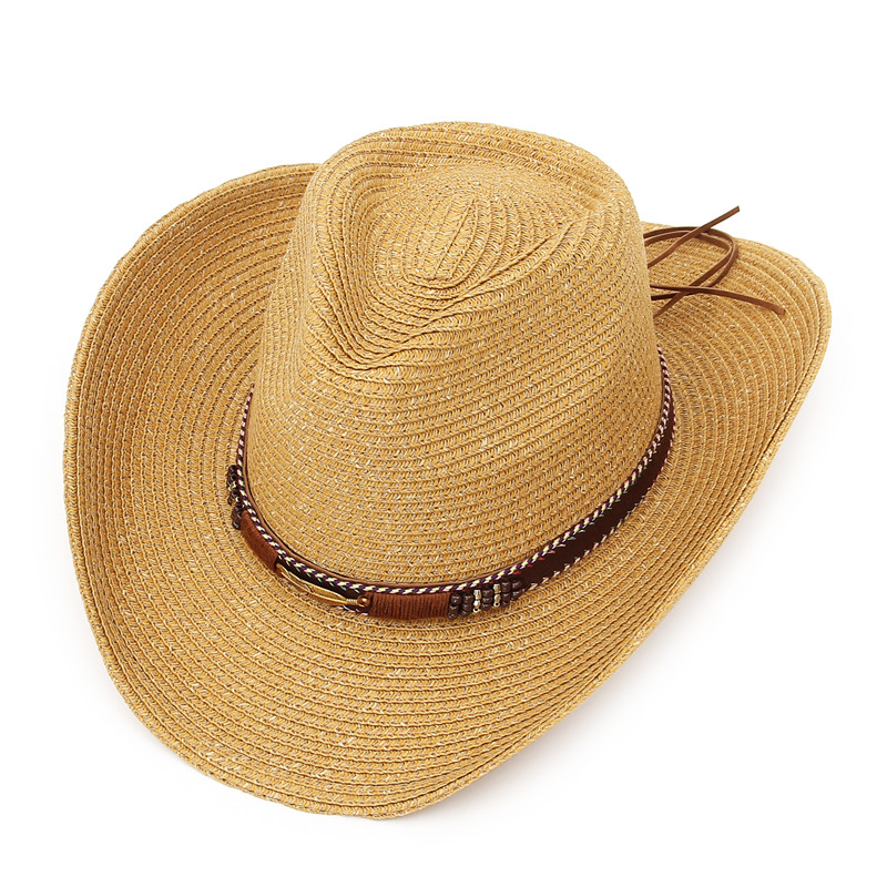 GEMVIE Western Cowboy Hat Sun Hat For Men Cowgirl Summer Hats For Women Lady Straw Hat With Alloy Feather Beads Beach Cap Panama